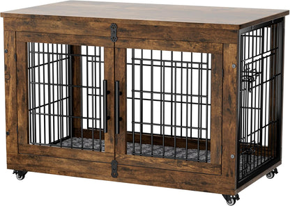 Dog Crate Furniture with Cushion Set of 2, Large Wooden Dog Kennel Indoor with Double Doors, Dog Cage with Wheels, Dog House Side End Table for Large Medium Dogs up to 70 Lb, 38.5” L, Rustic Brown