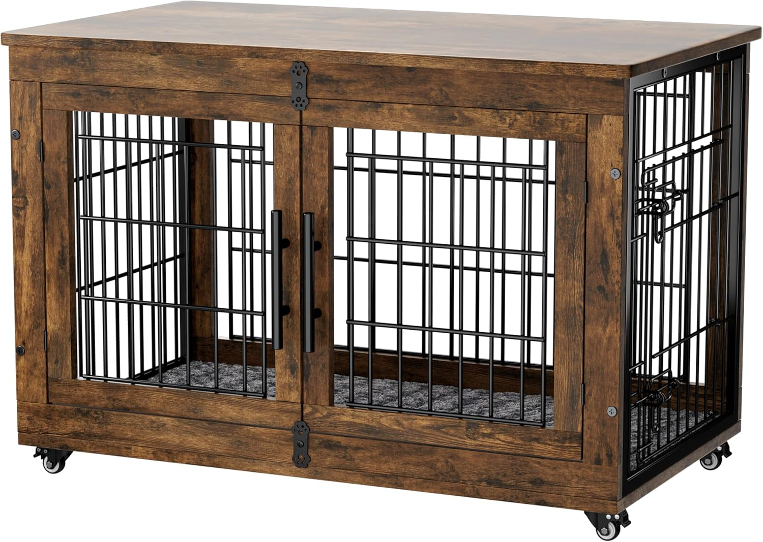 Dog Crate Furniture with Cushion, Large Wooden Dog Kennel Indoor with Double Doors, Dog Cage with Wheels, Dog House Side End Table for Large Medium Dogs up to 70 Lb, 38.5” L, Grey