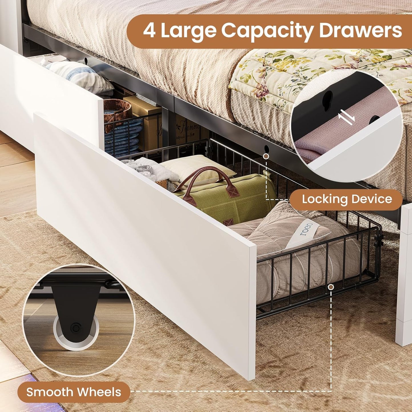 Farmhouse Bed Frame Queen Size with Bookcase Storage Headboard, Charging Station and LED Lights, Wooden Queen Bed Frame with 4 Drawers, Barn Door Design, No Box Spring Needed, No Noise, White