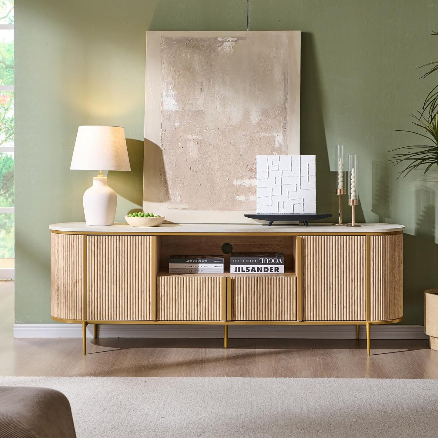 Luxury 70" Fluted TV Stand, Modern Chic Entertainment Center for Tvs up to 80 Inches, TV Console with Faux Marble Top, Curved Profile Design, Media Console for Living Room, Natural Oak