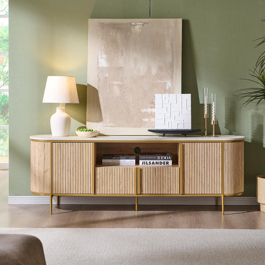 70" Fluted TV Stand with Storage, Faux Marble Top Entertainment Center for Tvs up to 80", Modern Curved Edge Media Console Cabinet for Living Room, Natural Oak
