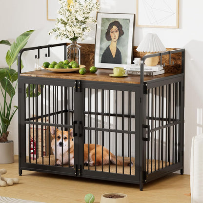Dog Crate Furniture 32" Wooden Heavy Duty Dog Kennel with Double Doors Decorative Indoor Dogs House Side End Table