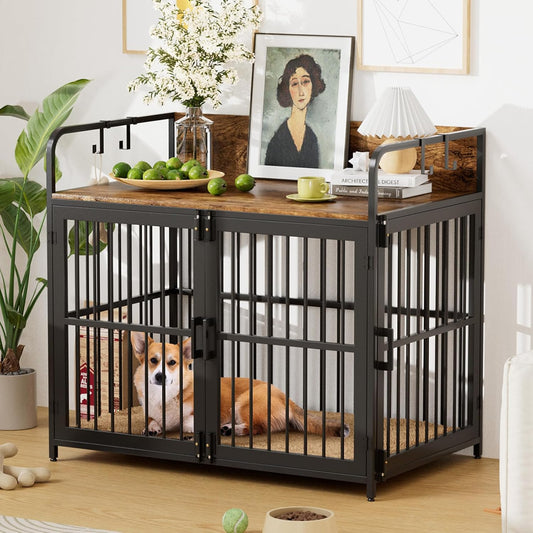 Dog Crate Furniture 32" Wooden Heavy Duty Dog Kennel with Double Doors Decorative Indoor Dogs House Side End Table