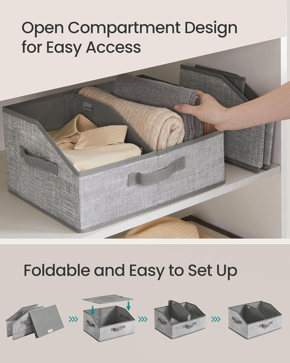 Set of 6 Storage Baskets, Foldable Storage Bins, Fabric Boxes, 15.7 X 11.8 X 7.9 Inches, Closet Storage Organizers, 3 Handles, for Bedroom, Living Room, Cattail Gray URFB0140G01