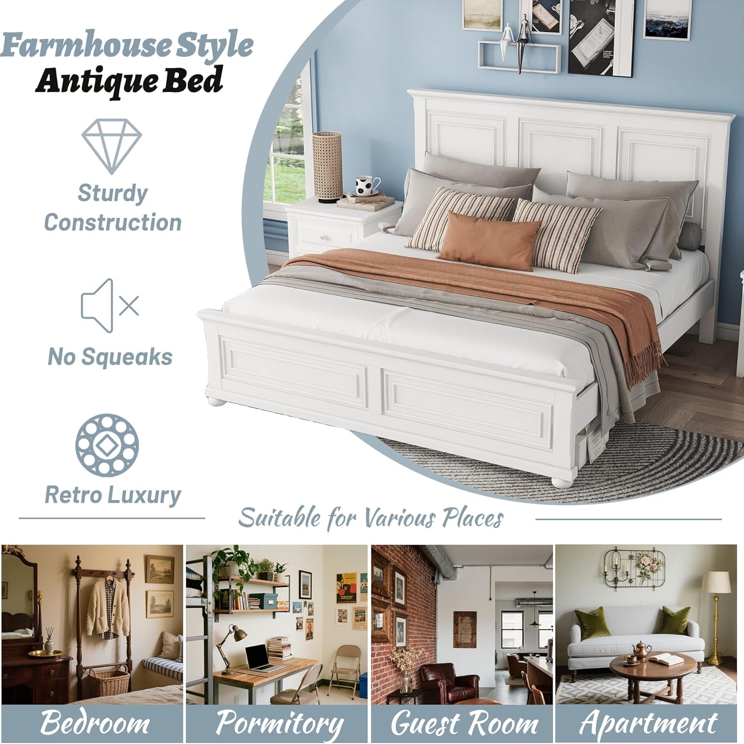 King Size Bed Frame Farmhouse Style, Tall Headboard King Bed Frame with Footboard, Pinewood Antique Beds, Farmhouse Style, Noise-Free, No Box Spring Needed, White