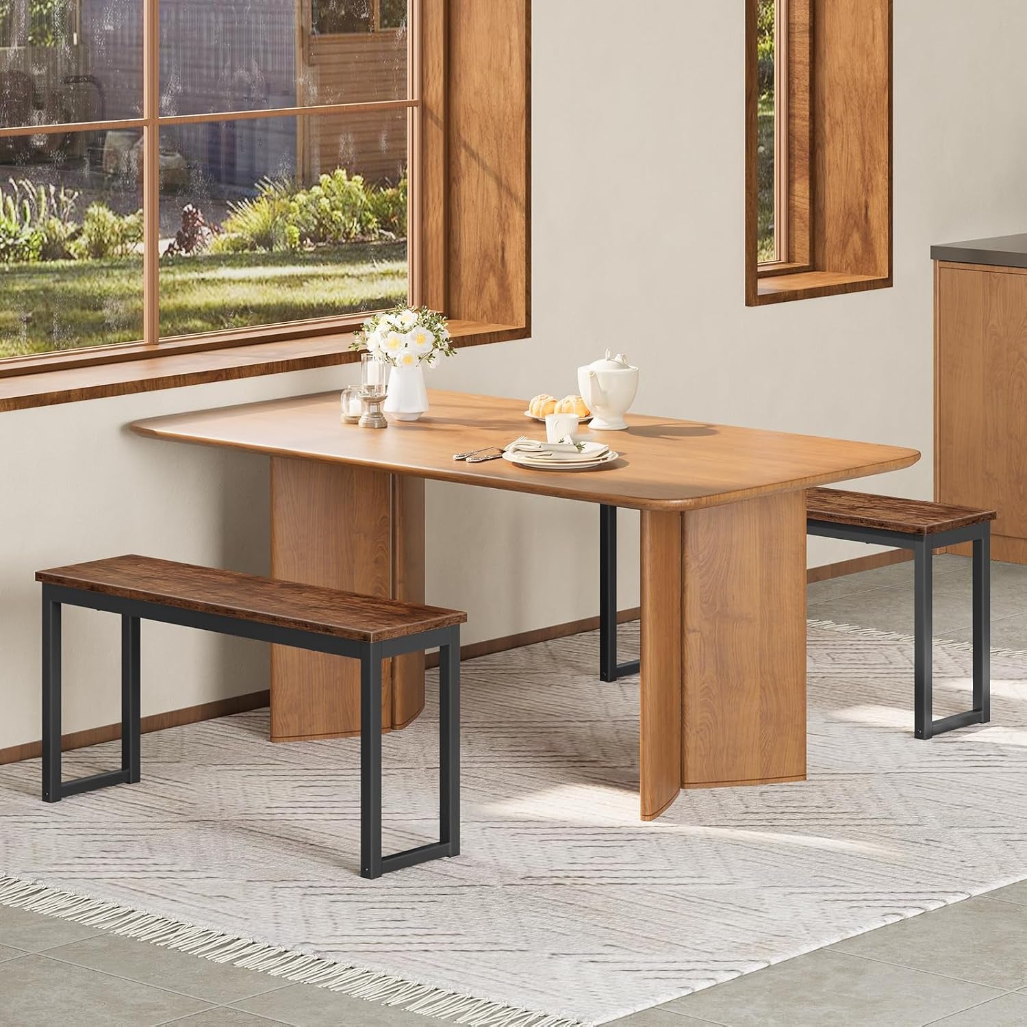 Dining Benches, Pair of 2 Industrial Style Indoor Benches, Durable Metal Frame, for Kitchen, Dining Room, Living Room, Rustic Brown BF01CD01