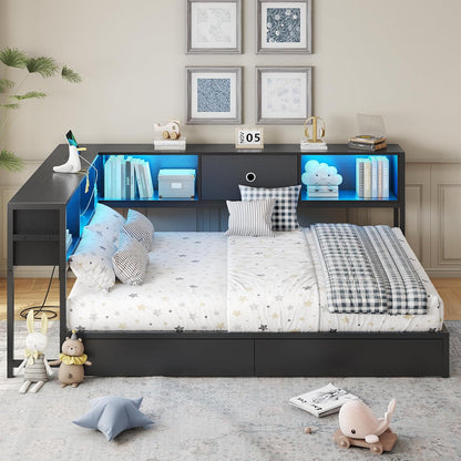 Full Corner Bed Frame with Bookcase Storage and Led Lights Metal Platform Bed Frame Full Size with Storage Drawers & Charging Station Full Size Daybed for Teen/Adult,No Box Spring Needed,Black