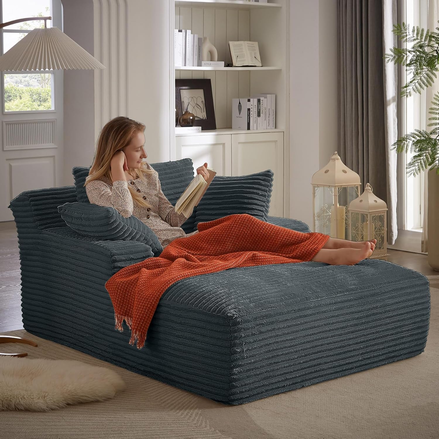 67" Chaise Lounge Indoor, Oversized Chaise Lounge Chair with 3 Comfy Pillows for Living Room Bedroom, Wide Arms Corduroy Fabric High-Density Foam No Assembly Required (Grey)
