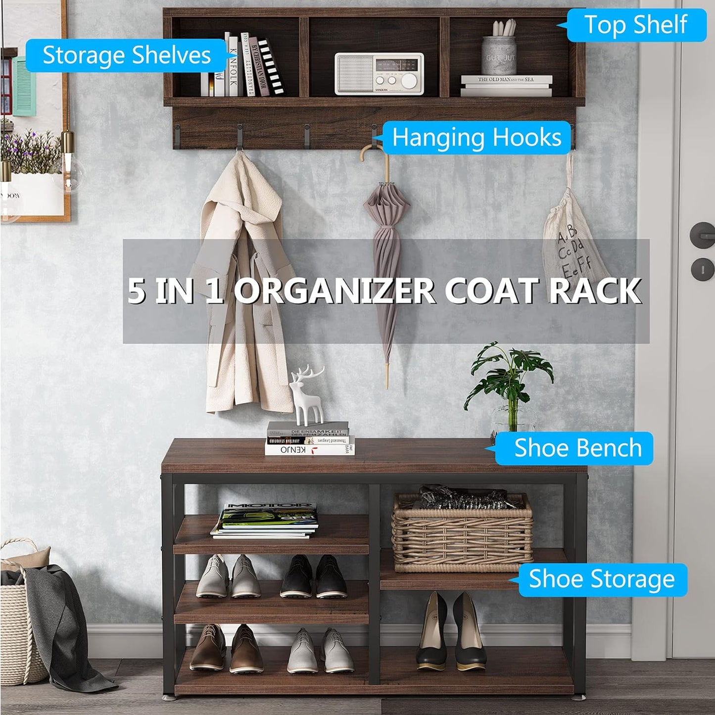 Industrial [Shoe] [Rack] [Bench] with Coat [Rack] Set with Hall Tree, 3 Storage Cubbies, 7 Hooks for Entryway, Hallway, 5-In-1Design, Rustic Brown