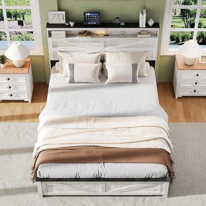 Farmhouse Queen Size Bed Frame with Headboard Storage Shelf, Wood Platform Bed Frame with LED Lights & Charging Station, Rustic White Metal Bed, No Box Spring Needed, Noise-Free Sturdy Structure