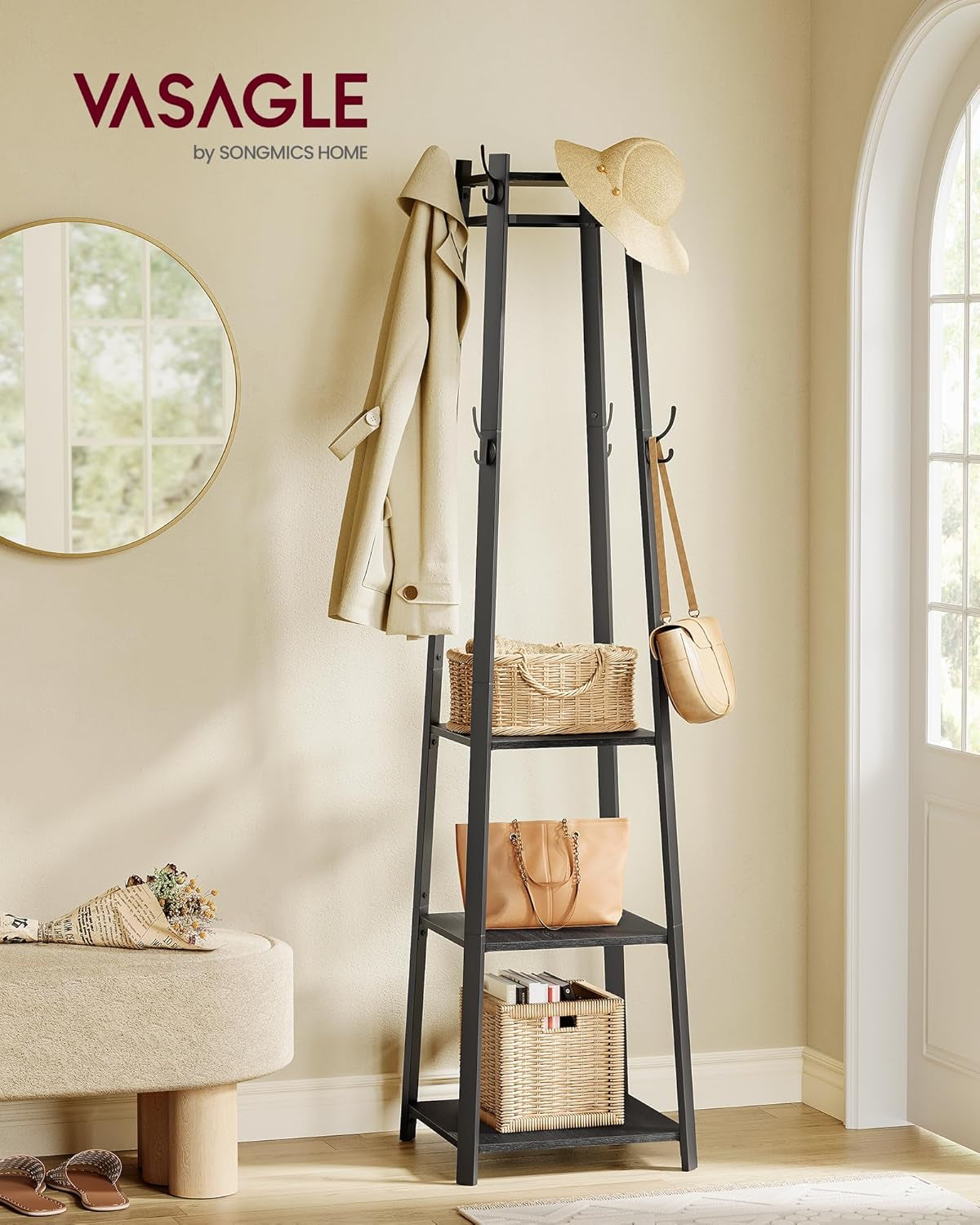 Coat Rack, Coat Stand with 3 Shelves, Hall Tree Free Standing with Hooks for Scarves, Bags, Umbrellas, Steel Frame, Industrial Style, for Entryway, Living Room, Rustic Brown and Black ULCR80X