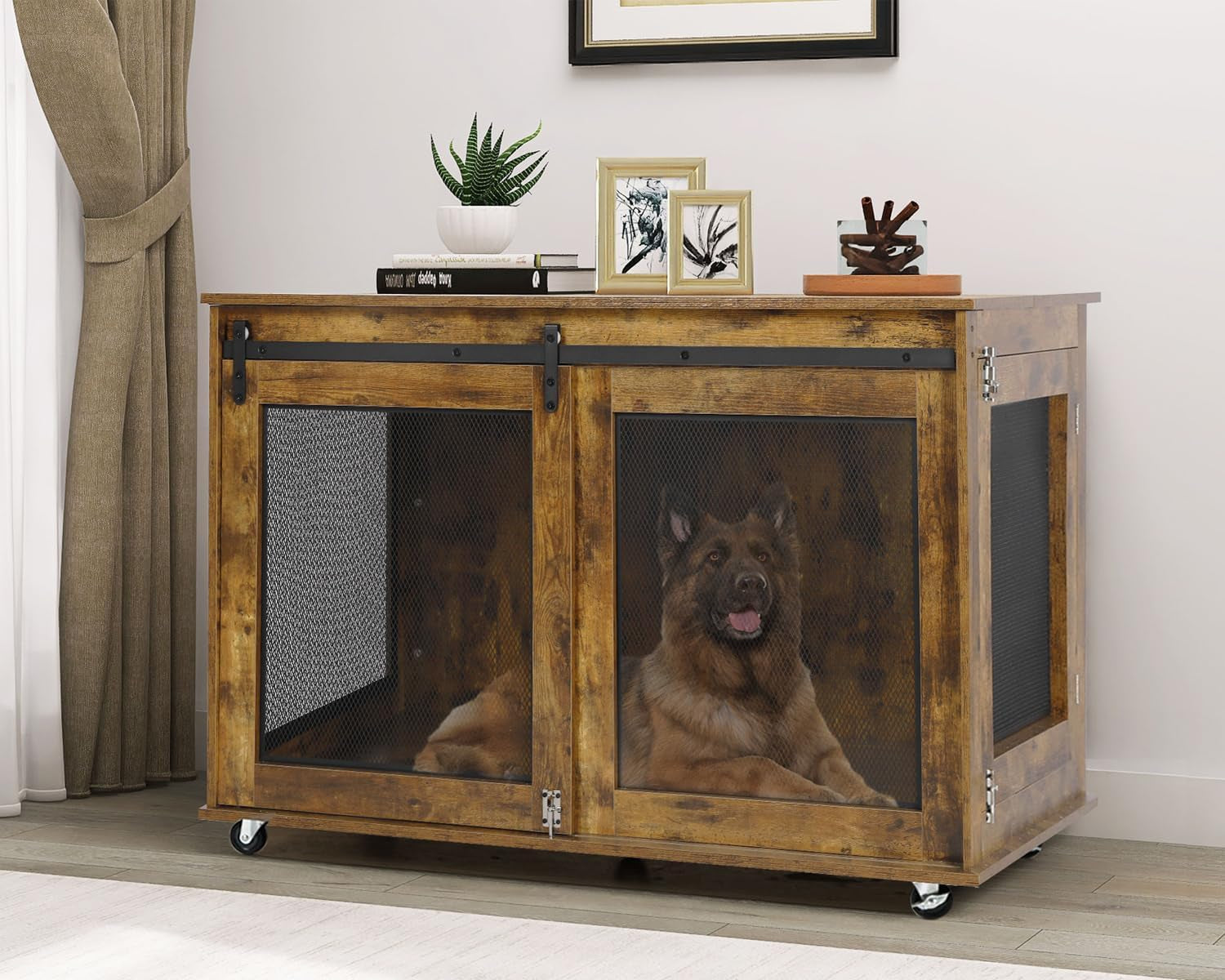 47 Inch Large Dog Crate Furniture, Wooden Heavy Duty XL Dog Kennel Indoor, Decorative Dog Cage Table for Large Dogs, with Sliding Doors, Wheels and Flip-Top Plate, Rustic Brown