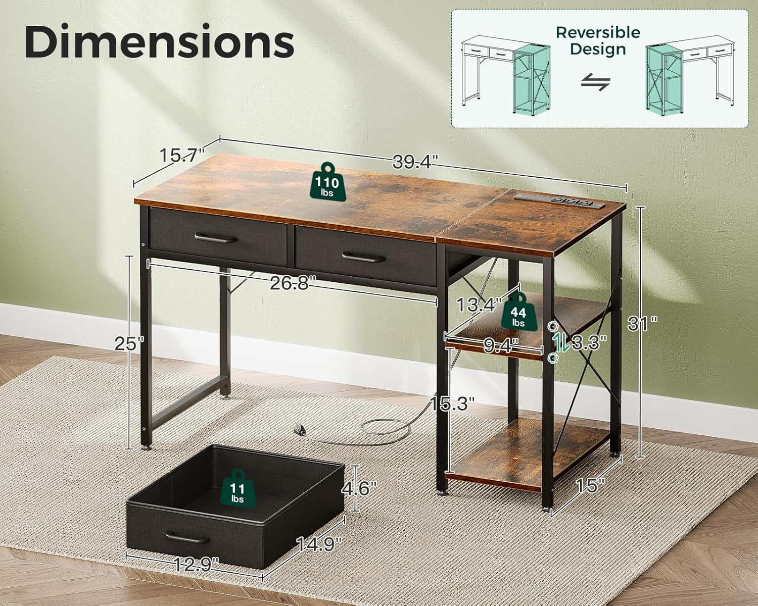 Small Computer Desk with Drawers, 40 Inch Reversible Home Office Desk with Power Outlet, Study Laptop Vanity Table with Storage Shelves for Bedroom Small Space, Rustic Brown