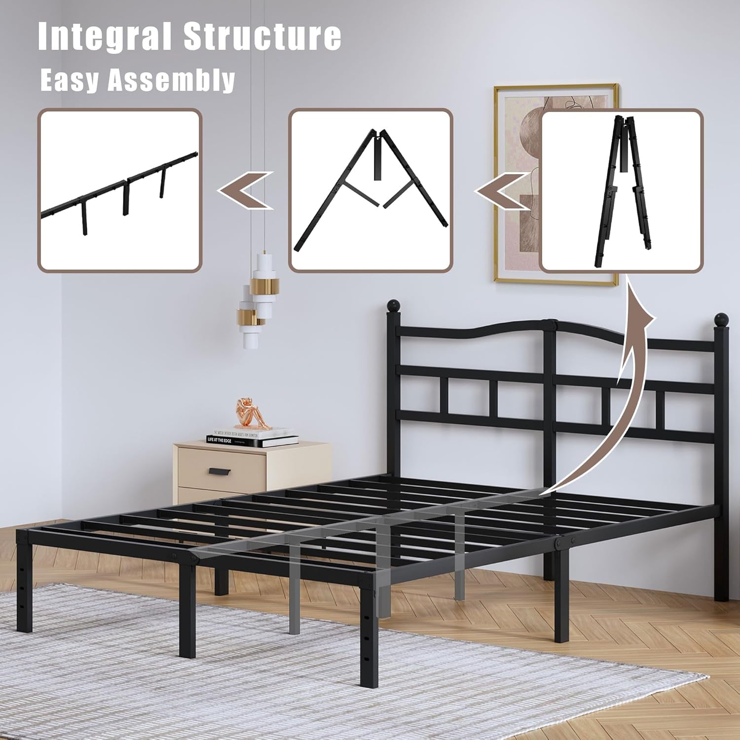 14 Inch Metal Bed Frame - Full Size Heavy Duty Bedframe with Headboard Black Basic Steel Slats Platform No Box Spring Needed/Easy Assembly/Noise Free