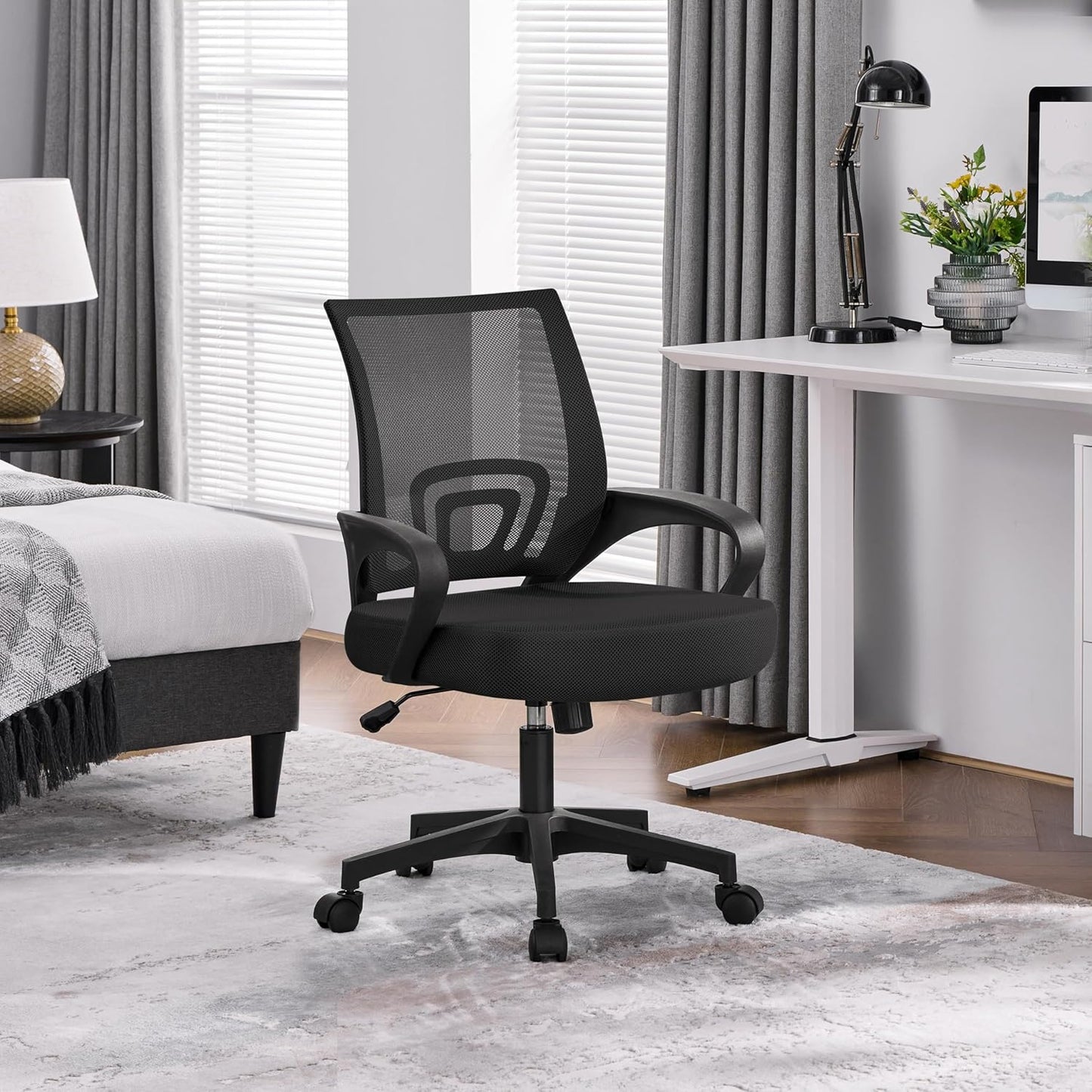 Mid-Back Mesh Office Chair Adjustable Ergonomic Computer Task Chair Swivel Rolling with Lumbar Support Armrest for Home Office Work Study, Black