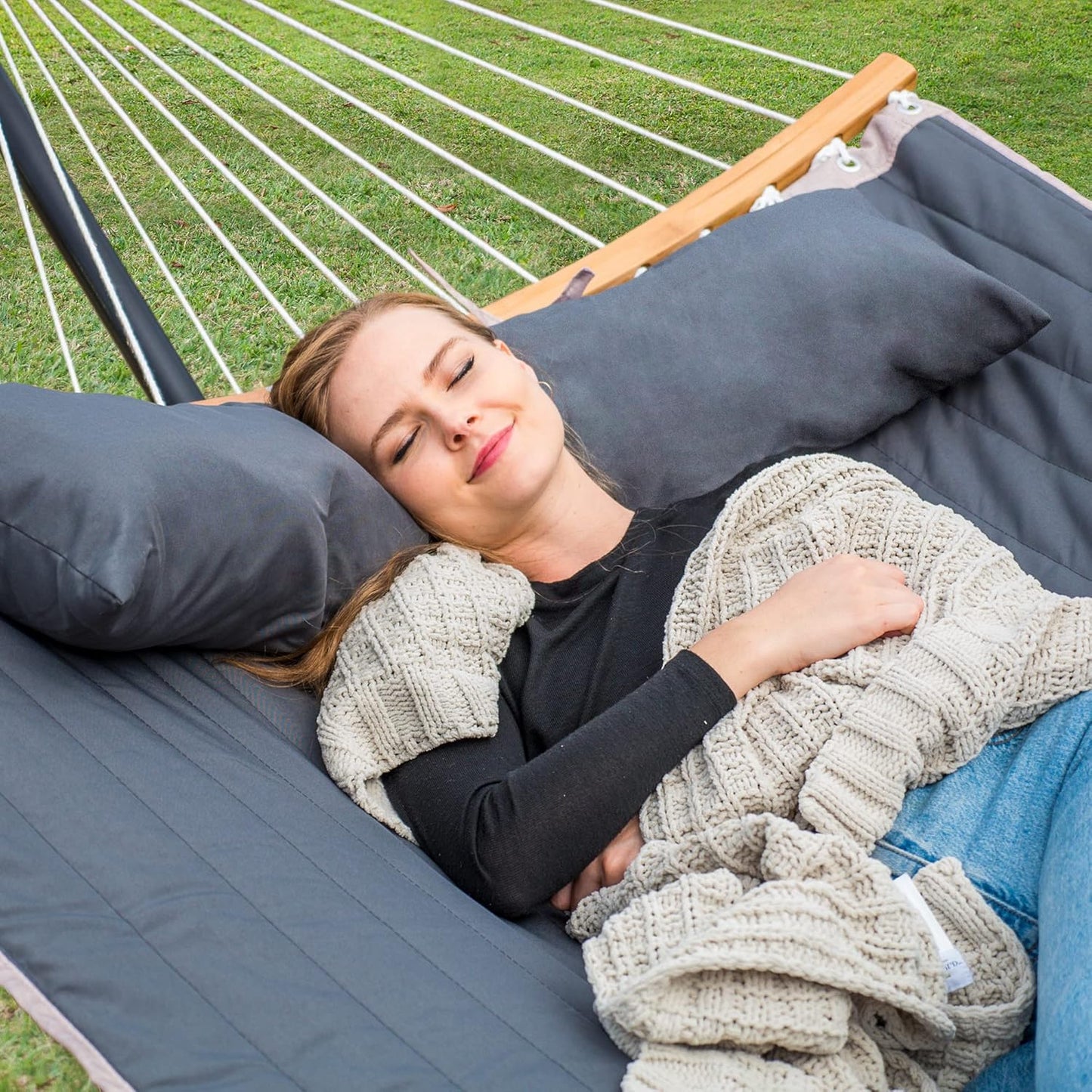 Double Portable Hammock with Stand, 2 Person Hammock with Curved Spreader Bar, Balance Ropes Included, Dark Gray