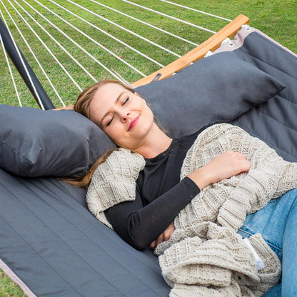 Double Portable Hammock with Stand, 2 Person Hammock with Curved Spreader Bar, Balance Ropes Included, Dark Gray