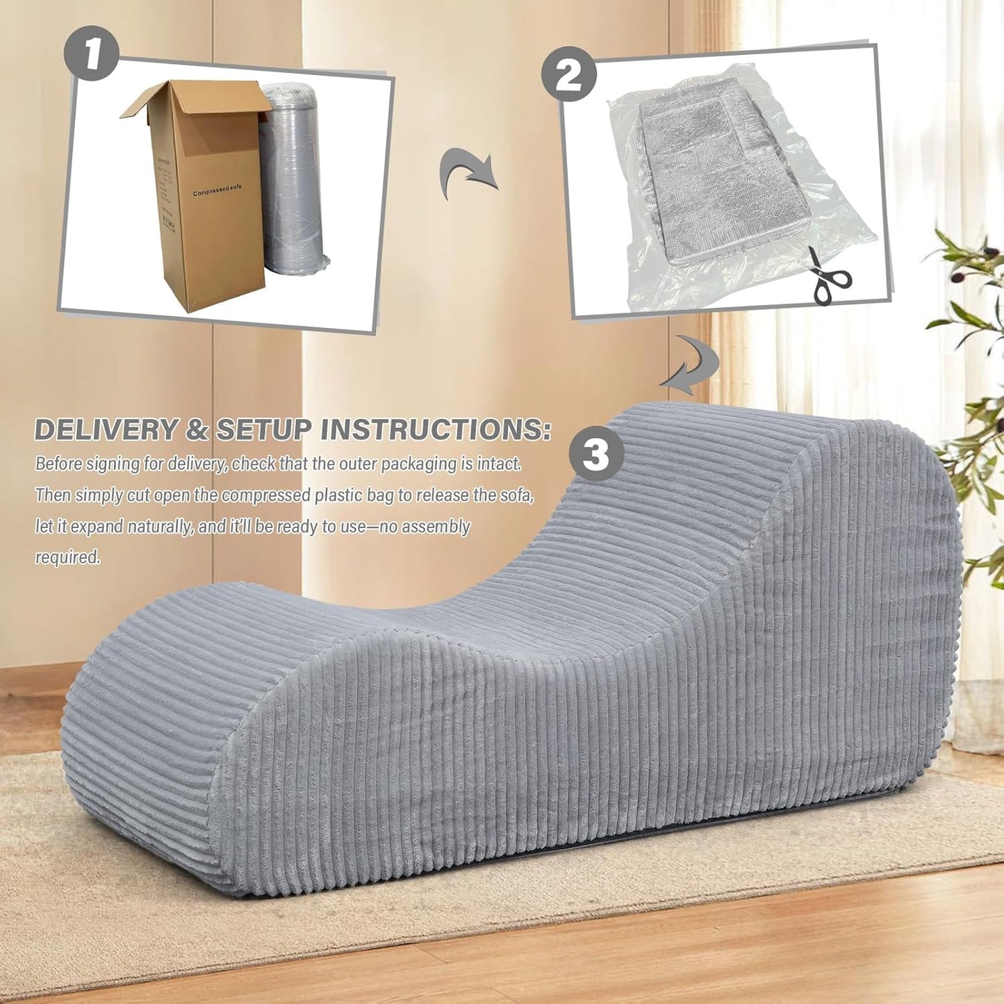 Corduroy Chaise Lounge Chair Couch Indoor Boneless Oversized High-Density Sponge Soft Sofa, Light Grey