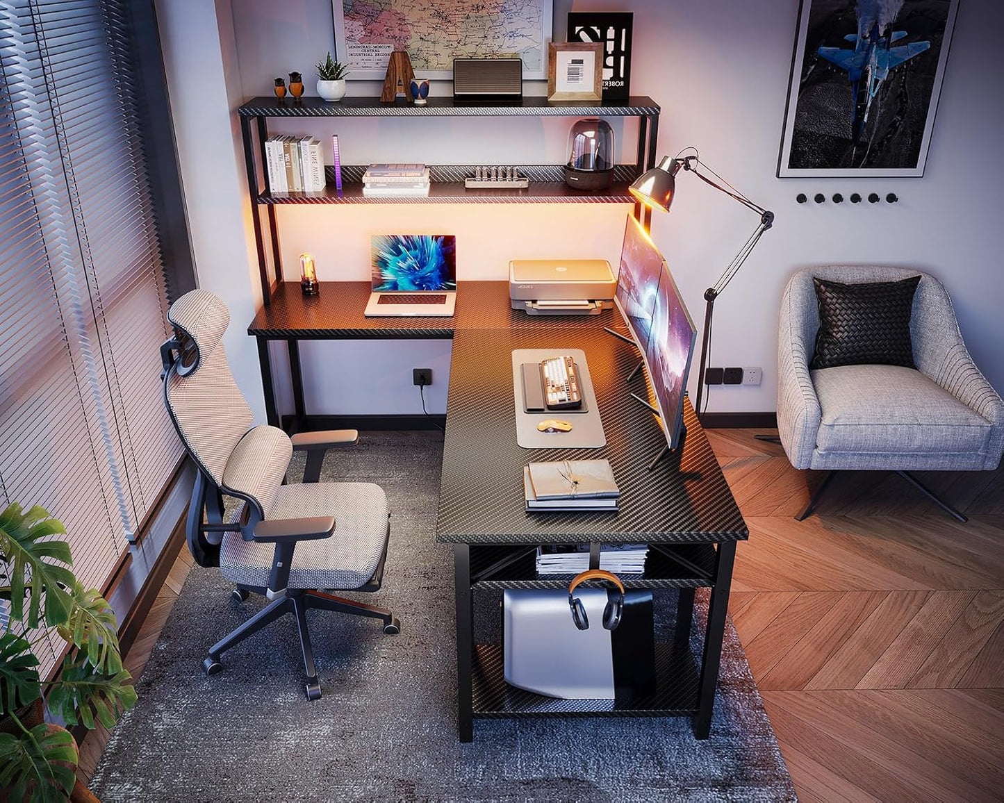 53" L Shaped Gaming Desk with Hutch & Headphone Hook, Corner Computer Table with Storage Shelves for Home Office, Black