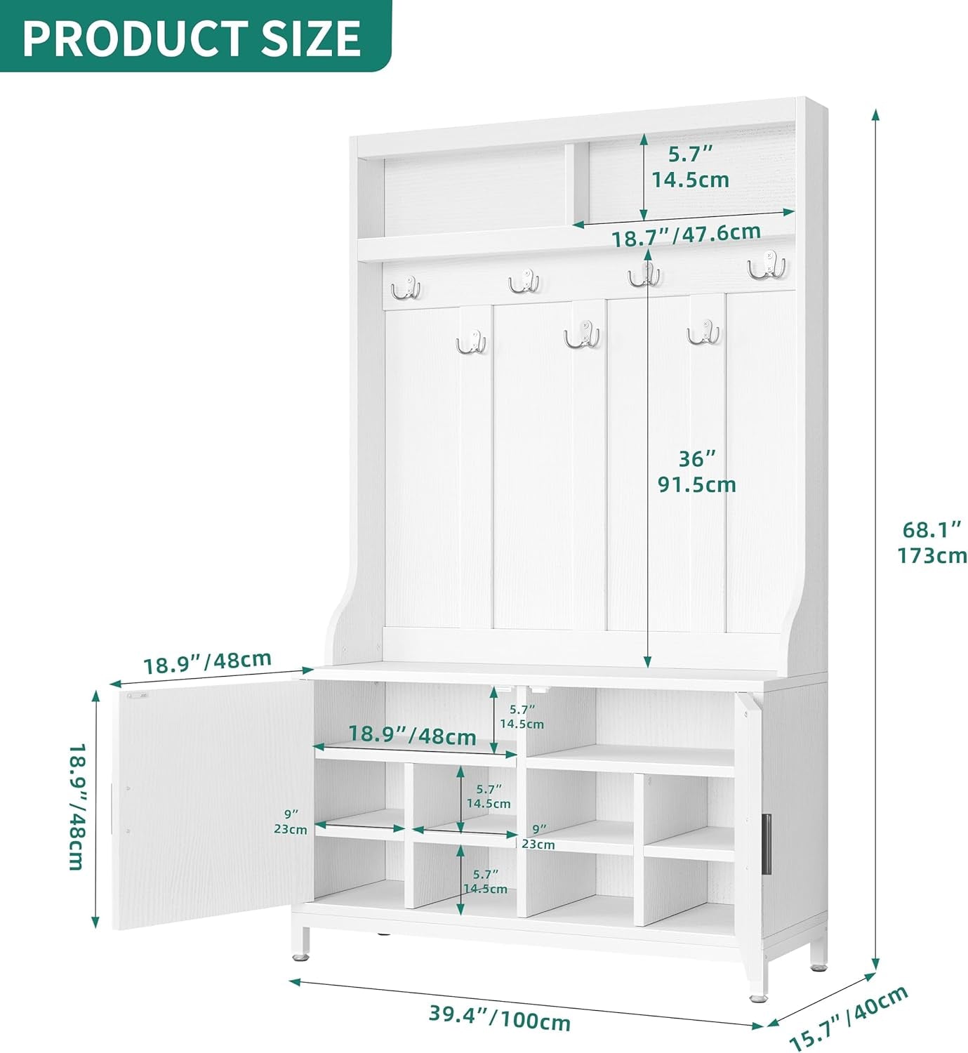 Hall Tree with Shoe Storage Bench for Entryway, 4-In-1 Coat Rack with Bench, Entrance Organizer, Hall Tree with Adjustable Shoe Storage and Hanging Hooks, White