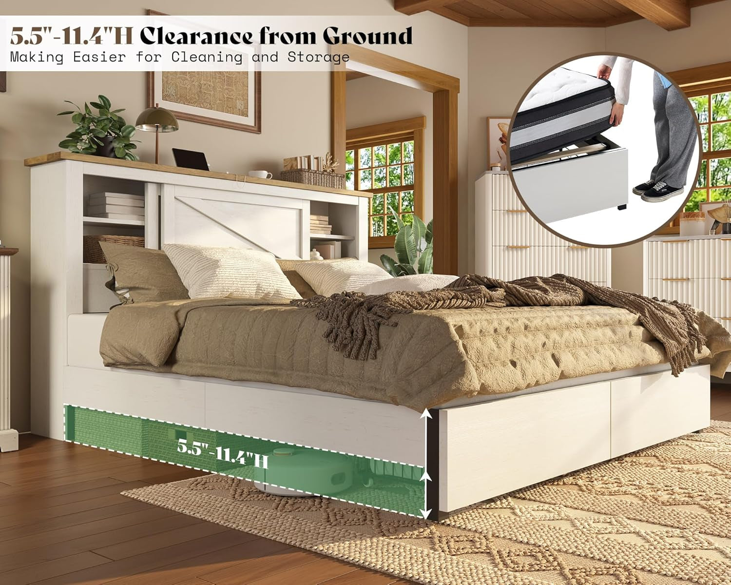 King 47.2" H Bed Frame with Hidden Space Bookcase Headboard and Charging Station, Beds with 2 Storage Drawers and Wood Slats, No Box Spring Needed, White & Barnwood