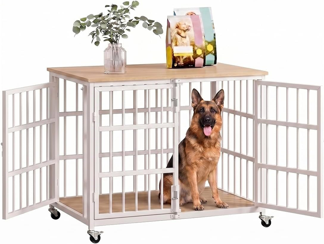48 Inch Dog Crate Furniture, Heavy Duty Dog Kennel Indoor for Large Dogs, Escape-Proof and Chew-Proof Wooden Dog Cage for High Anxiety Dog, Decorate House as TV Stand, End Table, White