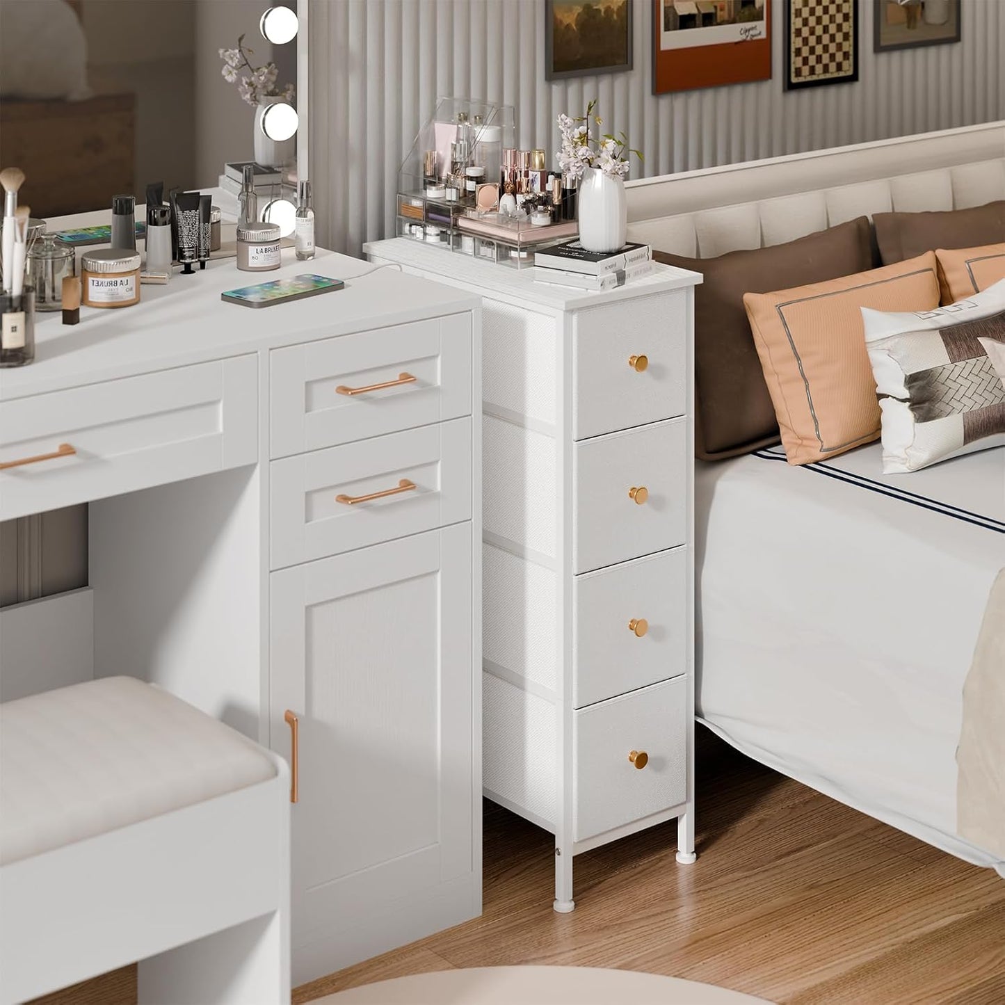 Narrow Storage Cabinet, Narrow Nightstand Dresser with 4 Drawers, Slim Fabric Dresser Storage Tower for Small Spaces, White Dresser, for Bedroom, Bathroom, Laundry, Closet