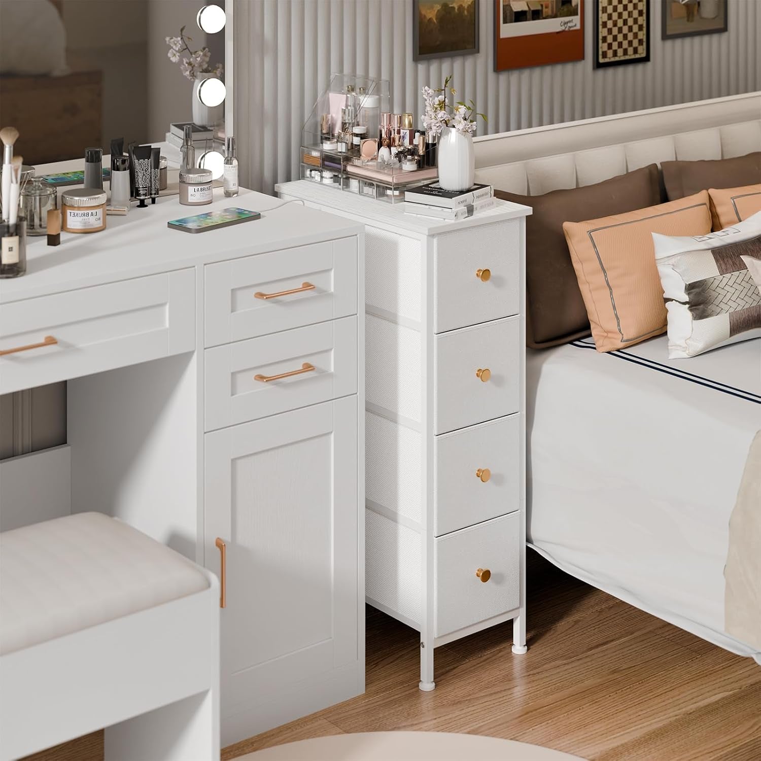 Narrow Storage Cabinet, Narrow Nightstand Dresser with 4 Drawers, Slim Fabric Dresser Storage Tower for Small Spaces, White Dresser, for Bedroom, Bathroom, Laundry, Closet