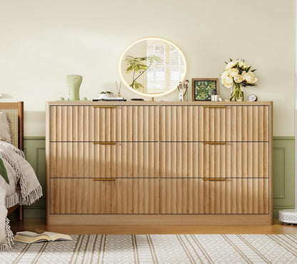 Fluted 6 Drawer Dresser for Bedroom, Wide Modern Chest of Drawers with Metal Handle, Curved Profile Design, Wood Closet Clothes Storage Organizer for Bedroom, Hallway, Natural
