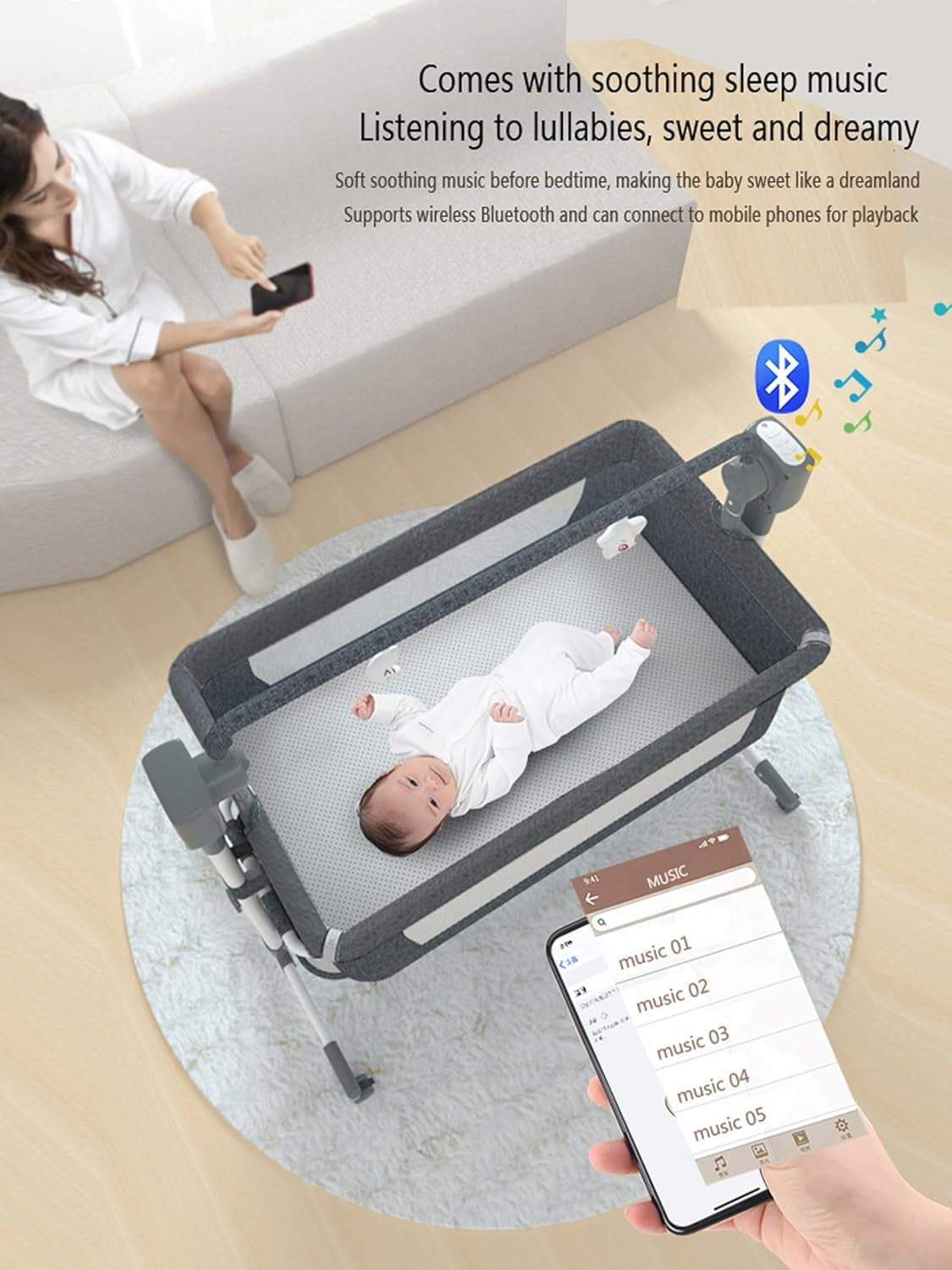 Electric Bluetooth Smart Baby Bedside Crib, Bassinet for Co-Sleeping, Infant Bedside Sleeper Cot, Foldable Baby Bassinet Crib with Remote Control, Music and 5 Swaying Gears (601 Khaki)