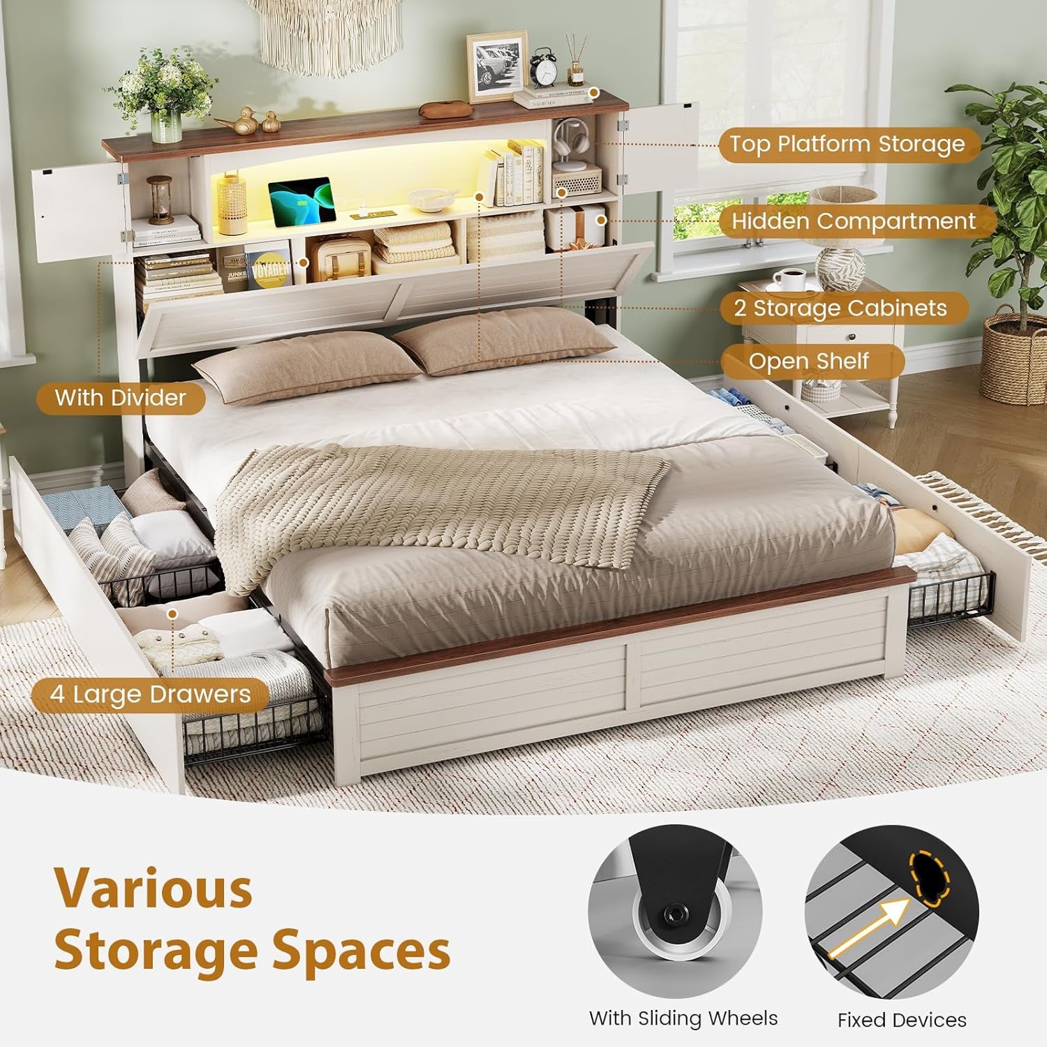 Farmhouse Bed Frame Full Size with Bookcase and Storage Cabinets Headboard, Wood Platform Bed with LED Lights, Charging Station, 4 Drawers, Decoration Footboard, No Box Spring Needed, White