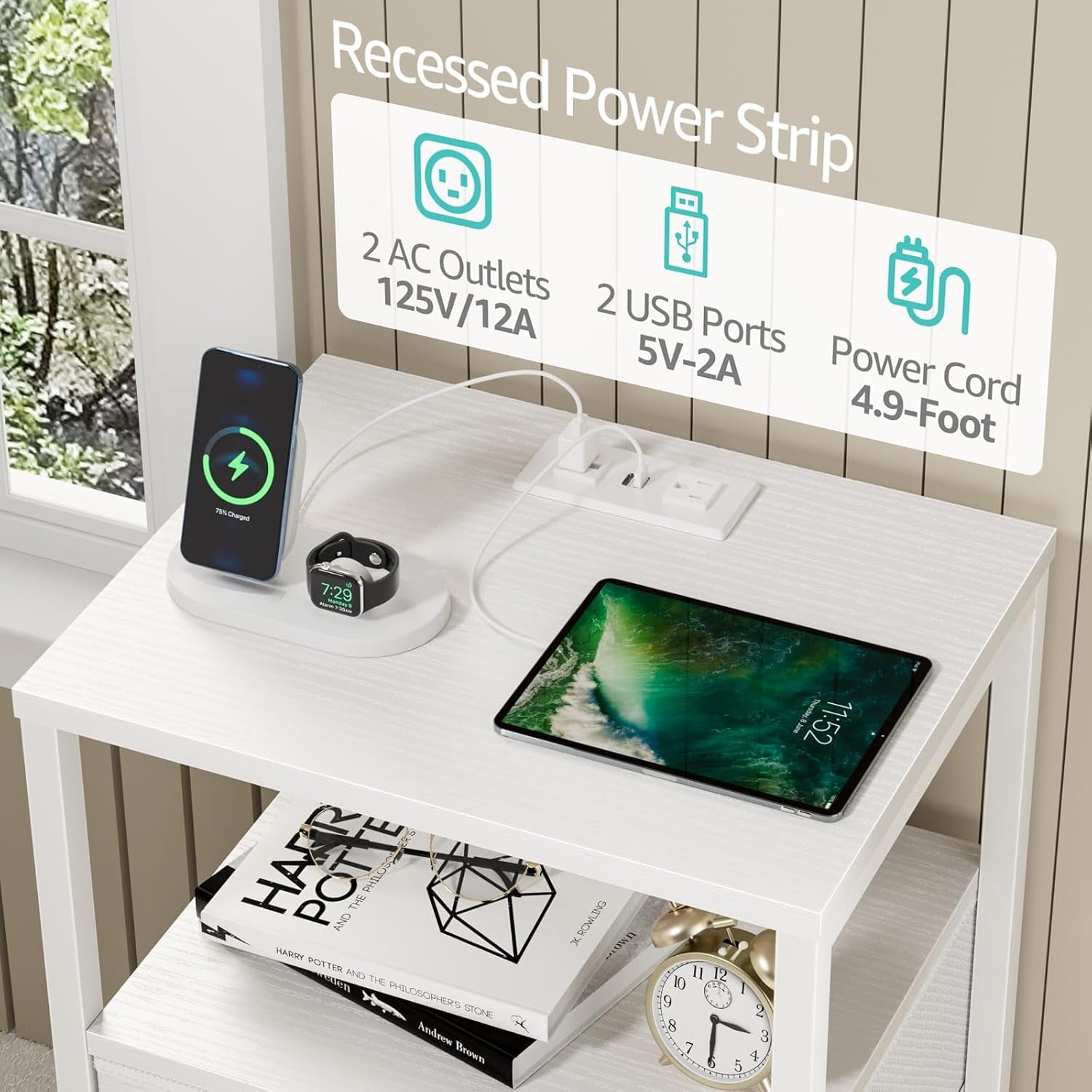White Nightstand with Charging Station, LED Night Stand with 2 Fabric Drawers, Bedside Table with USB Ports and Outlets, Nightstand for Bedroom Modern