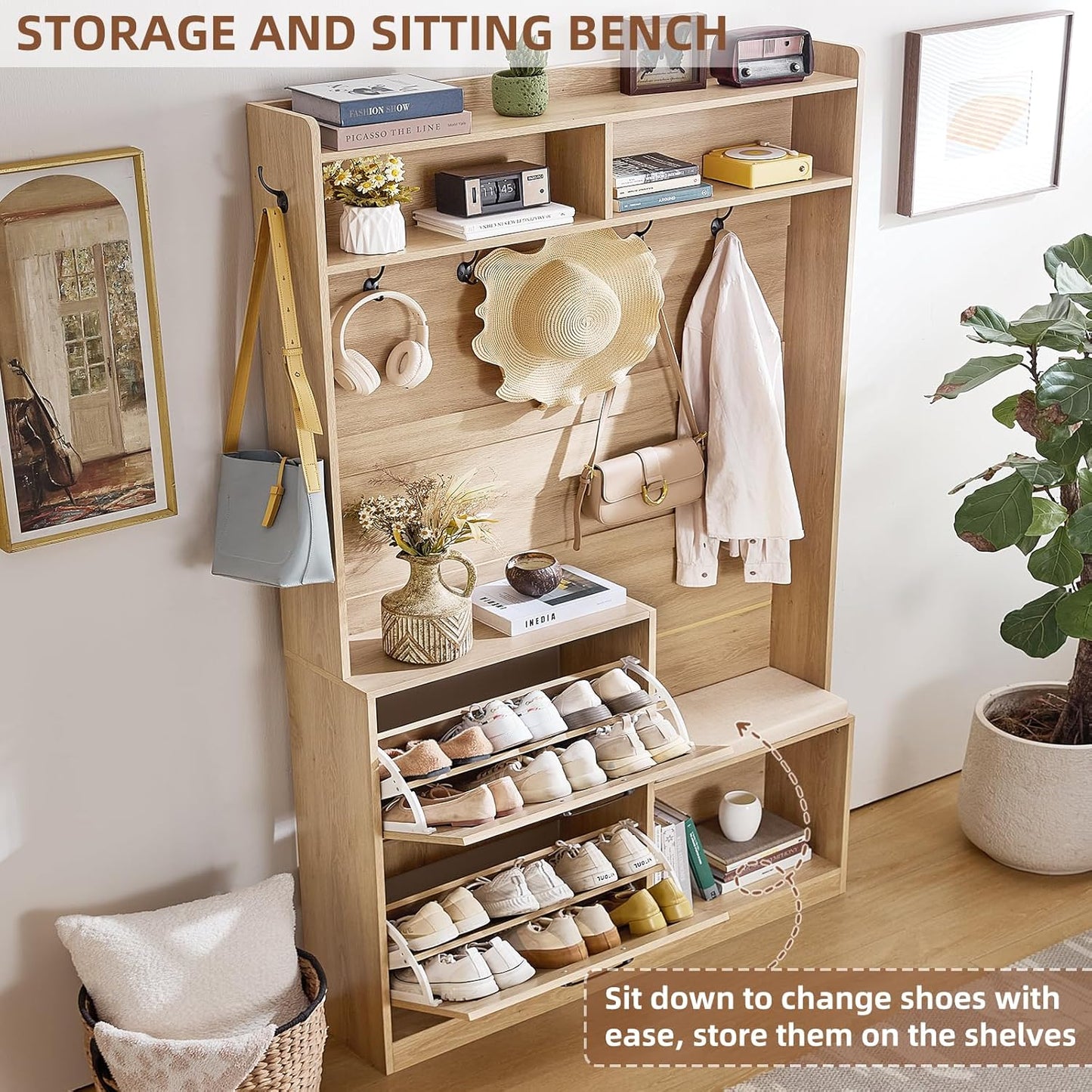 78" Tall Boho Hall Tree with Bench & Shoe Storage, 4-In-1 Mudroom Coat Rack with 2 Flip Rattan Drawers & Cushioned Stool, Entryway Hall Tree Cabinet with 6 Hooks for Garage, Natural Oak