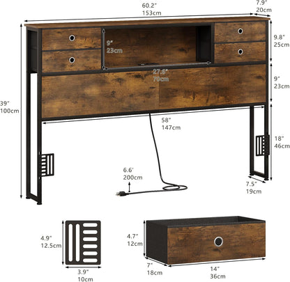 Rustic brown queen headboard with fabric storage drawers, LED light and charging station, view 5