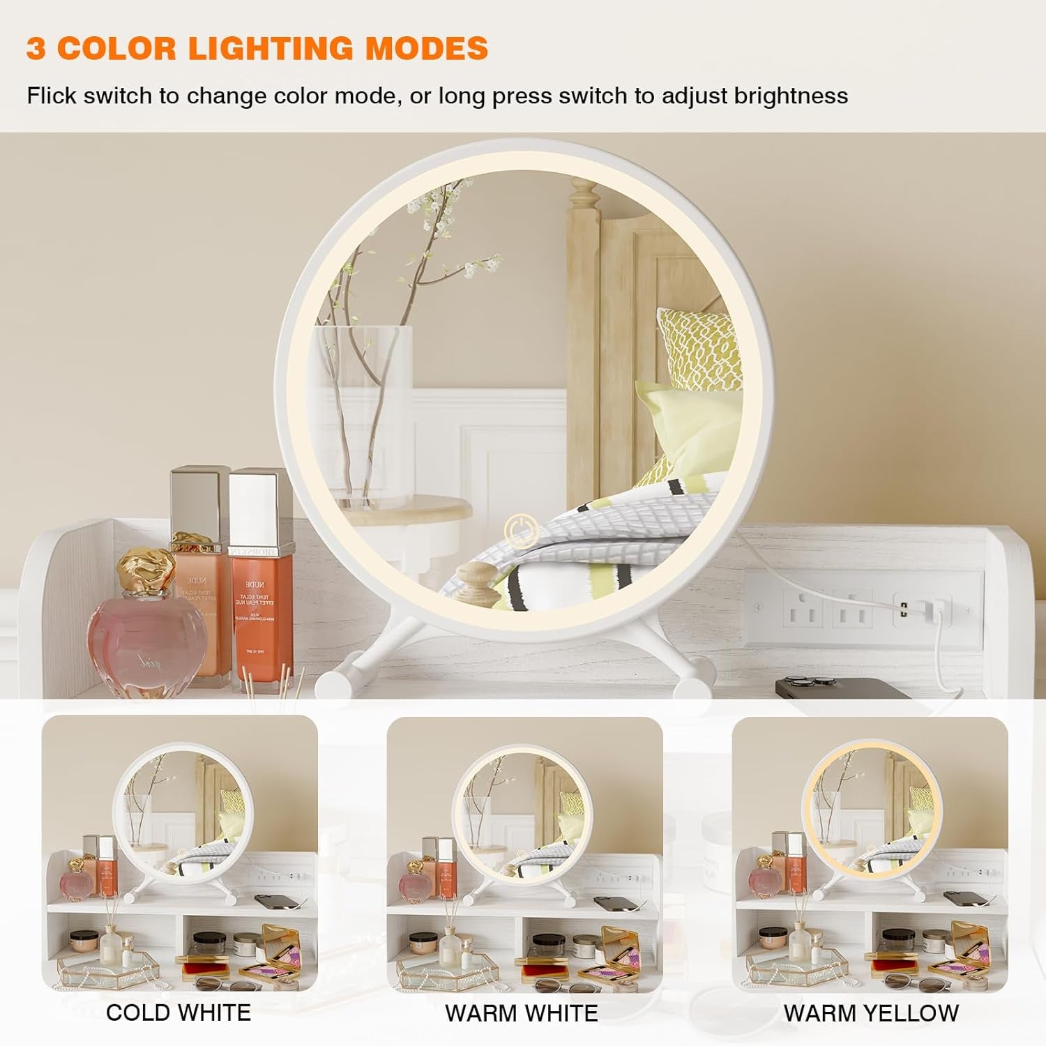 White Small Vanity Desk Set with Lighted Mirror and Chair, Makeup Dresser with 2 Fabric Drawers, Power Outlet, Compact Table with Cushioned Stool for Bedroom Small Space