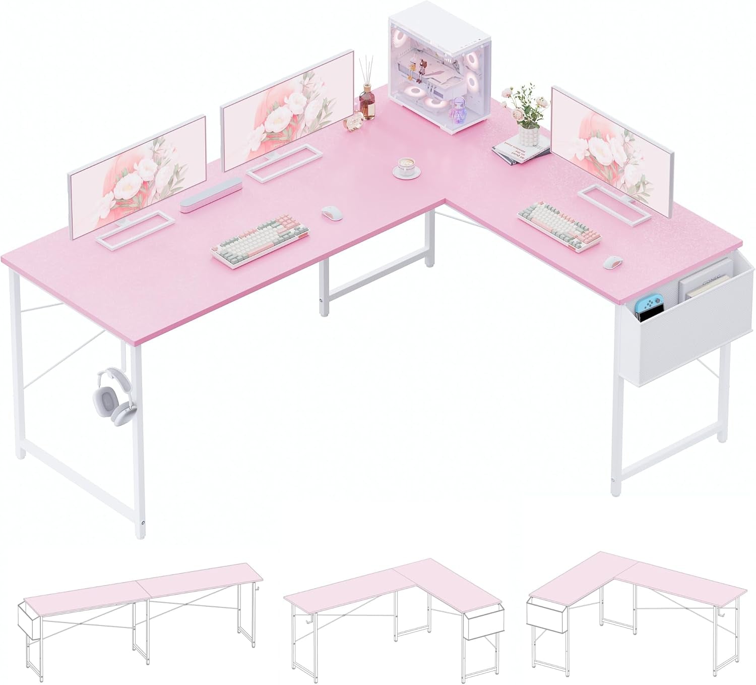 64.5 Inch Reversible L Shaped Gaming Desk Large Corner Computer Desk with Storage Bag Home Office Table for Writing Study Pink