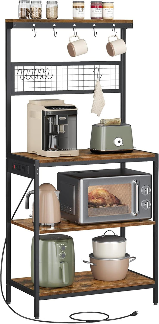 Bakers Rack with Charging Station, 31.5 Inches Coffee Bar Stand with Adjustable Storage Shelf, Grid Panel, 12 Hooks, Table for Microwave, Kitchen, Rustic Brown and Ink Black UKKS016K01