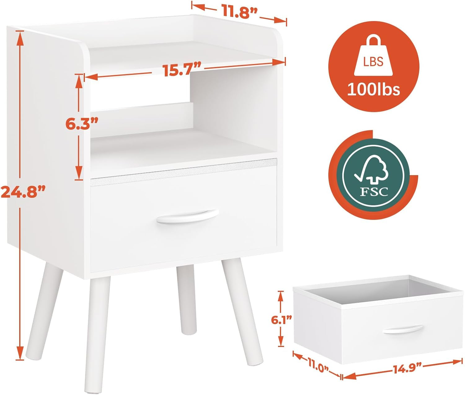 Modern Nightstand with Drawer, Bedside Tables, Mid Century Nightstands with Open Storage Shelf, Wood Bedside Table, Small Night Stands for Bedrooms, 2-Tier Night Table