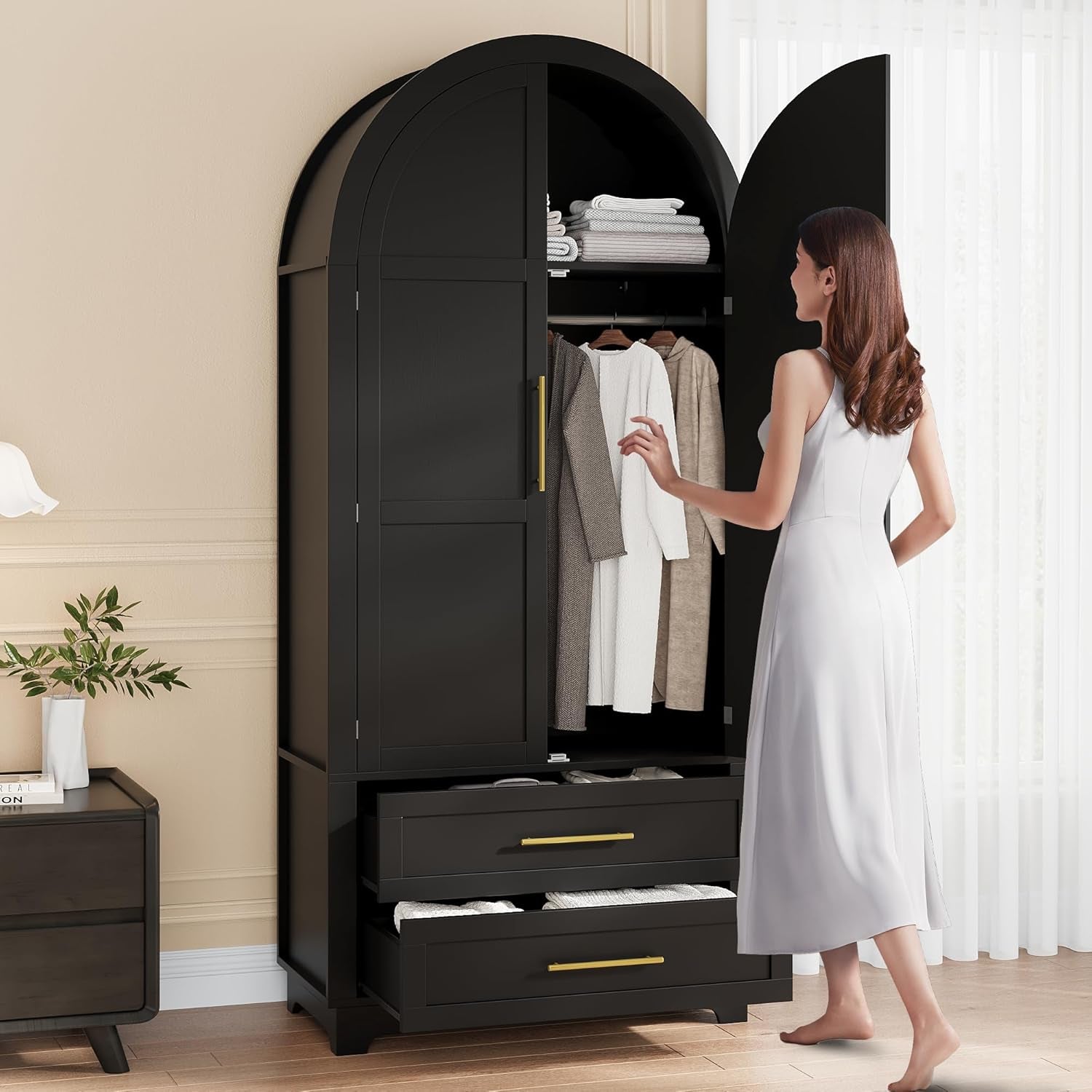 Wardrobe Closet, Modern Armoire Wardrobe Closet with Drawers and 2 Arched Fluted Doors, 70" Tall Wooden Bedroom Armoires with Shelves and Hanging Rod, Black