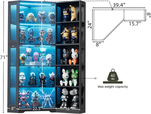 Corner Display Cabinet with Glass Doors,5-Tier Curio Cabinet with 3 Color Lights for Collectibles,71" Glass Display Case for Toys, Books, Extra Bookcase with 10 Dust-Proof Rack for Living Room, Black