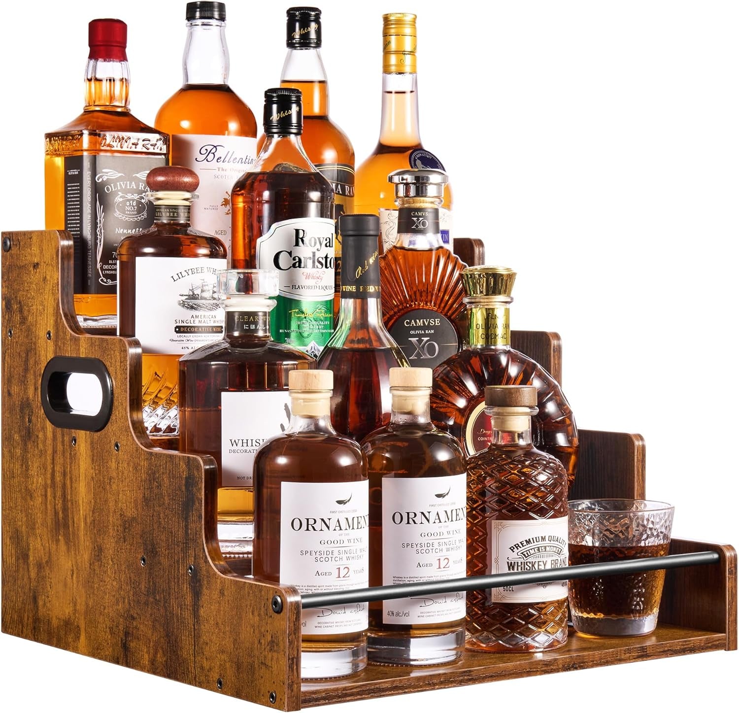 4-Tier Liquor Bottle Display Shelf, Coffee Syrup Rack Organizer, Water Bottle Organizer, Mini Bar Cabinet, Rustic Bar Shelves for Liquor Whiskey, Spirits