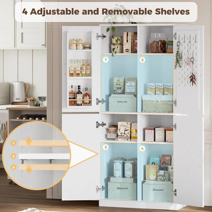 71" Kitchen Pantry Storage Cabinet with Storage Rack, Pegboard Doors, 4 Adjustable Shelves, Food Pantry Cabinet, Freestanding Tall Cupboard for Dining Room, Kitchen, White