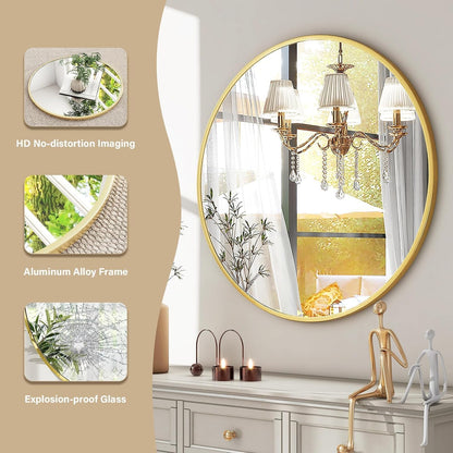 round Mirror 19.6 Gold Wall Mounted Circle Mirrors Vanity Mirror with Brushed Aluminum Alloy Frame Modern Decoration for Bathroom, Living Room, Vanity, Bedroom, Entryway