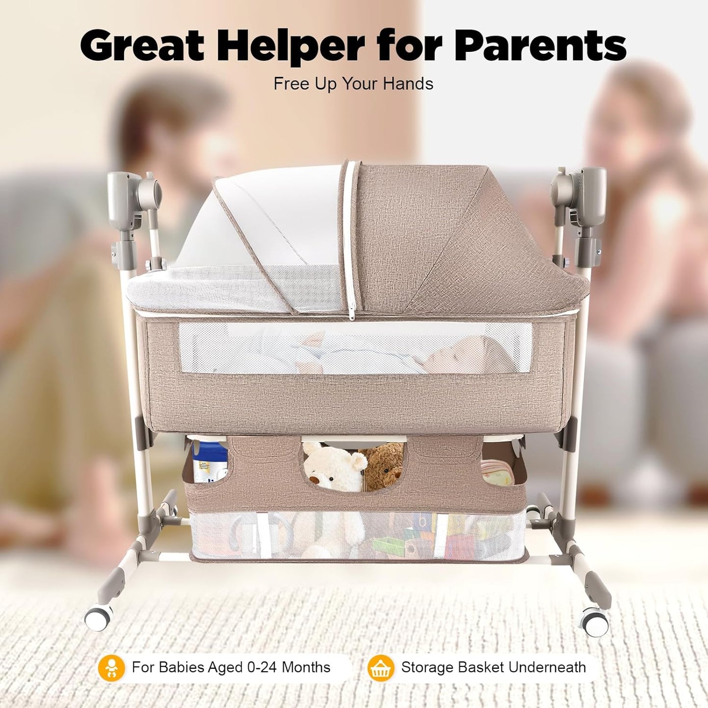 Smart Baby Bassinet Bedside Sleeper with Auto Rocking, 5 Swing Speeds & 3 Timer Settings, Bluetooth Music, Height Adjustable (18.1-19.7In), 44Lbs Capacity for Newborns 0-24 Months, Khaki