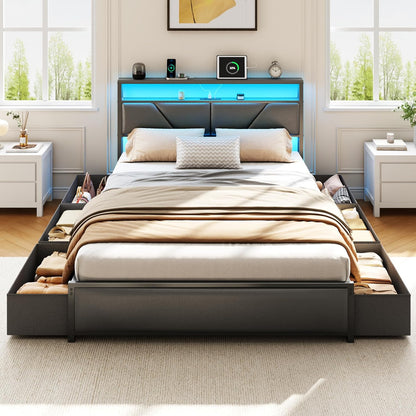 Queen Bed Frame, 2-Tier Storage Headboard & 6 Fabric Drawers, PU Leather Upholstered Queen Size Platform Bed with Charging Station and LED Lights, No Box Spring Needed, Noise Free