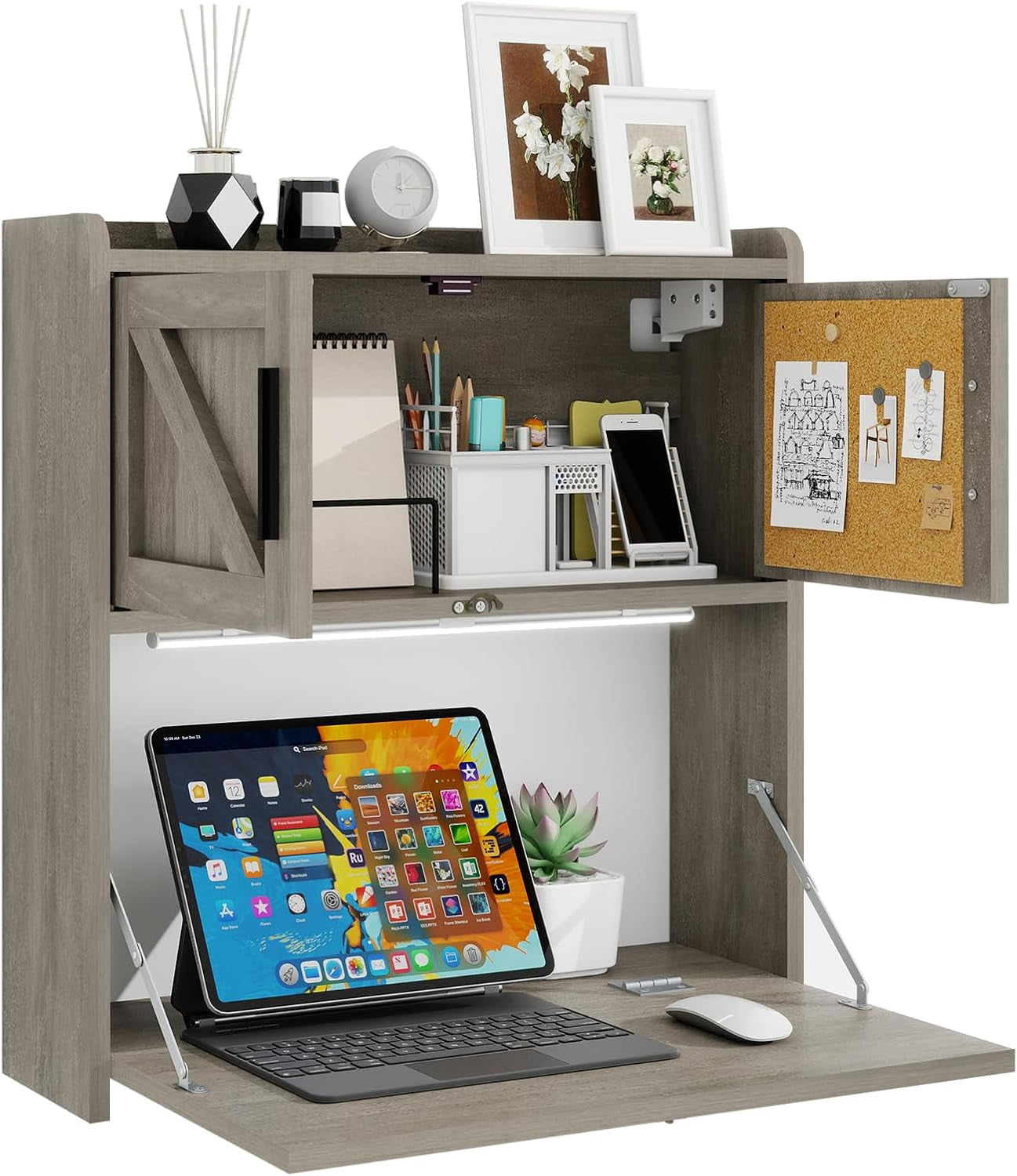 Wall Mounted Desk with LED Light Farmhouse Multifunctional Fold down Laptop Computer Table Writing Workstation with Storage Compartments Space Saving for Home Office, Gray
