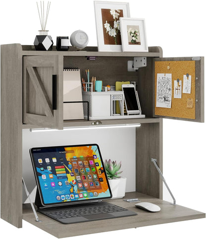 Wall Mounted Desk with LED Light Farmhouse Multifunctional Fold down Laptop Computer Table Writing Workstation with Storage Compartments Space Saving for Home Office, Gray