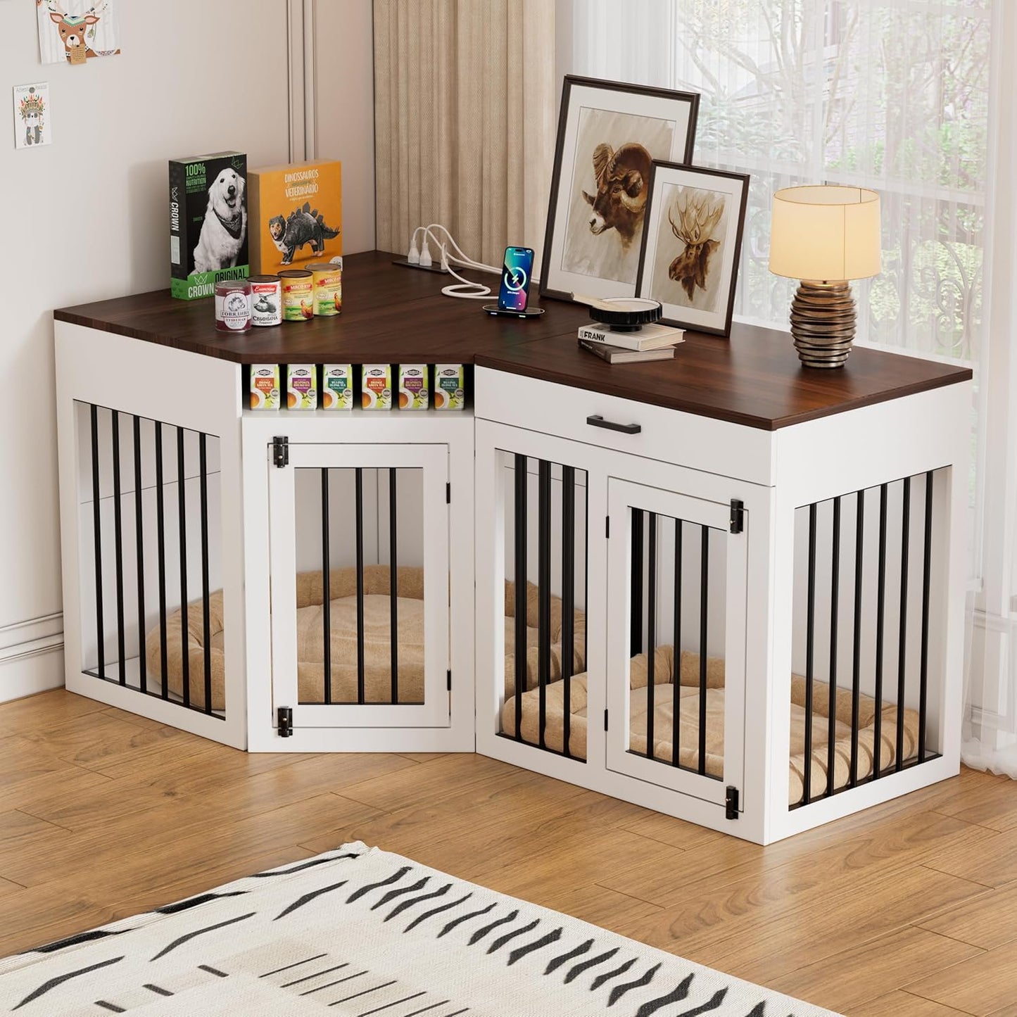 3 in 1 Extra Large Corner Dog Crate Furniture for 3 Dogs,Wooden Dog Crate Kennel with 2 Drawers,Divider,Power Outlet,Heavy Duty Double Dog Kennel TV Stand Indoor for Small,Medium,Large Dogs