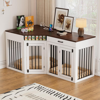Extra Large Corner Dog Crate Furniture for 3 Dogs,3 in 1 Wooden Dog Crate Kennel with 2 Drawers,Divider,Power Outlet,Heavy Duty Double Dog Kennel Indoor for Small,Medium,Large Dogs,White ﻿
