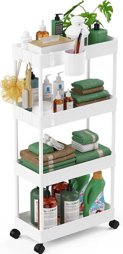 Slim Rolling Storage Cart - 4 Tiers Bathroom Organizer Utility Cart Slide Out Storage Shelves Mobile Shelving Unit for Kitchen, Bedroom, Office, Laundry Room, Small Narrow Spaces (7.1" W+White)